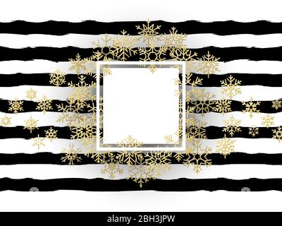 Cadre joyeux Noël avec flocons de neige brillants et brillants dorés sur fond blanc et noir rayé. SPE 10 Illustration de Vecteur