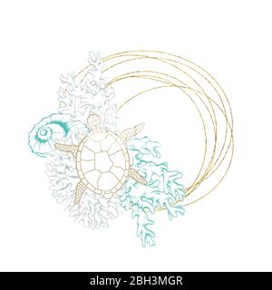 Esquisse de tortue dans un cadre de ligne en cristal géométrique doré, conception de l'arrangement vectoriel. Gravure de coquillages et de coraux en bordure dorée avec texture en feuille, conception marine sous-marine en éclosion dessinée à la main Illustration de Vecteur