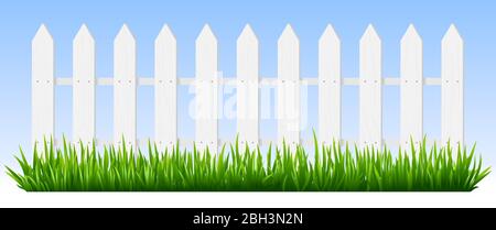 Clôture en bois réaliste. Herbe verte sur la clôture de piquetage en bois blanc, fond de jardin ensoleillé, plantes fraîches bordure illustration vectorielle de haie. spr rural Illustration de Vecteur