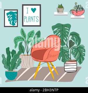 Séjour avec chaise et beaucoup de plantes différentes dans des pots. Illustration de Vecteur