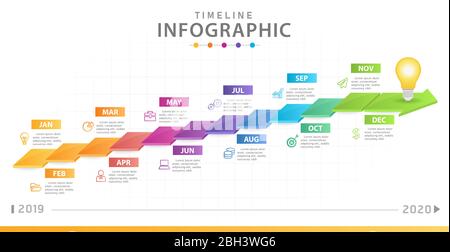 Modèle d'infographie pour les entreprises. Calendrier de diagramme de chronologie moderne avec style tridimensionnel, infographie vectorielle de présentation. Illustration de Vecteur