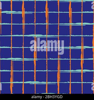 Fond de motif de grille sans couture avec vecteur de ligne Grunge. Fond de couleur néon croisé linéaire à motif contour de pinceau dessiné à la main. Abstrait irrégulier Illustration de Vecteur