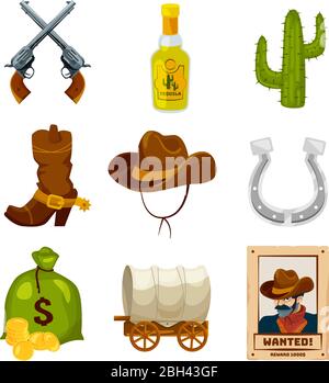 Icône de dessin animé définie pour le thème ouest sauvage. Illustrations vectorielles isolées. Ouest sauvage américain, cactus et fer à cheval, sac d'argent et tequila Illustration de Vecteur