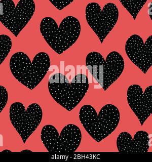 Coeurs à pois noirs et blancs sur un motif vectoriel transparent rouge. Motif coeur mignon dessiné à la main, répétition de l'arrière-plan. Illustration de la Saint Valentin Illustration de Vecteur