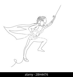 Une femme superhéro continue d'une ligne dans un cloak vole avec une main levée. Vecteur Illustration de Vecteur
