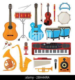 Bongo, batterie, guitare et autres instruments de musique. Illustrations vectorielles en style dessin animé. Piano et saxophone, guitare et trompette Illustration de Vecteur