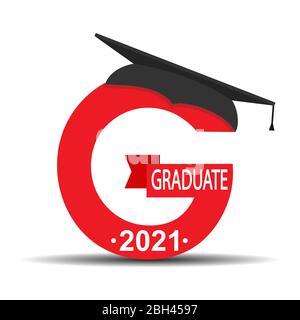 Lettre stylisée G avec l'inscription Graduate 2021 et le chapeau de diplômé. Conception simple isolée sur un fond blanc pour la conception et la décoratio Illustration de Vecteur