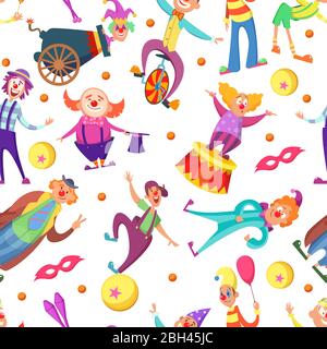 Arrière-plan pour les cartes de vœux. Motif sans couture avec des clowns drôles dans un style de dessin animé. Fond clown transparent, heureux, joker et jester, vecteur illustr Illustration de Vecteur