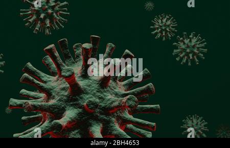 Rendu tridimensionnel de virus ou de germes abstraits verts texturés avec une lueur rouge sur un fond sombre. Illustration microscopique du COVID-19 ou du coronavirus. Banque D'Images