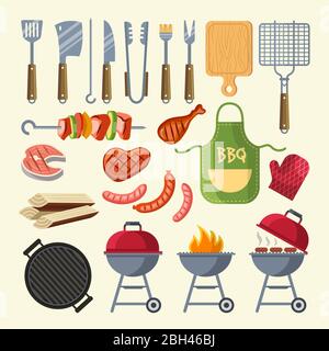 Illustration vectorielle de viande, sauce, gril et autres éléments pour la fête du barbecue. Barbecue au grill, barbecue à viande, steak grillé Illustration de Vecteur