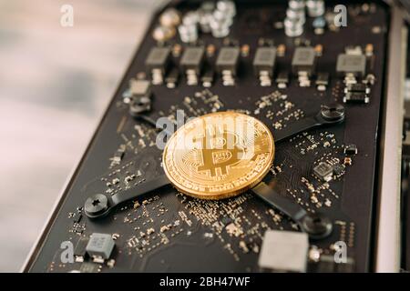 La pièce bitcoin en or se trouve sur la carte mère de l'ordinateur Banque D'Images