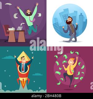 Des hommes d'affaires heureux et drôles de succès dans des poses actives. Ensemble d'illustrations de concept commercial. Homme d'affaires personnage, succès et vecteur heureux Illustration de Vecteur