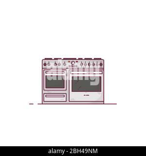 Cuisine moderne restaurant cuisinière professionnelle. Cuisinière avec deux fours et de nombreux brûleurs. Roues à bouton et porte vitrée. Contour de l'image vectorielle. Pro ustensiles de cuisine Illustration de Vecteur