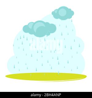 Paysage de fantaisie avec nuages et pluie. Journée d'été en campagne. Jour de pluie. Style mignon de dessin animé. Illustration vectorielle pour un design élégant. Illustration de Vecteur