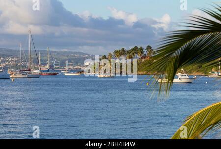 Le catamaran et les voiliers ancrés dans les eaux de la plage des caraïbes. Banque D'Images