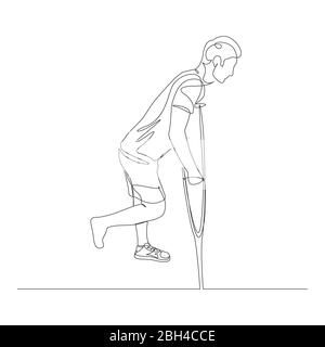 Homme continu d'une ligne avec une blessure de jambe sur les béquilles. Illustration du stock vectoriel. Illustration de Vecteur