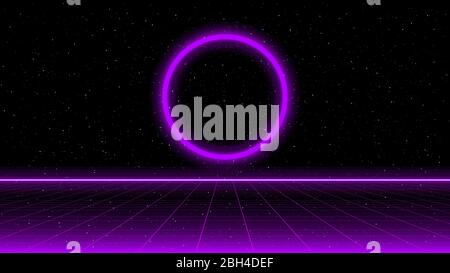 Grille de perspective laser violet et cercle lumineux reElectrowave sur fond d'espace étoilé. Paysage futuriste du cyber laser. Illustration de Vecteur