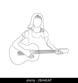 Femme continue d'une ligne avec une guitare. Illustration vectorielle. Illustration de Vecteur