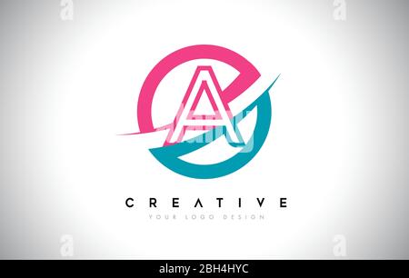 Icône du logo Letter Design avec motif cercles et Swoosh et illustration vectorielle de couleur rose bleue. Illustration de Vecteur