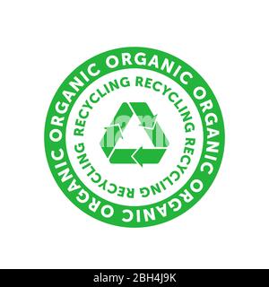 Recyclage du badge cirlce vert bio avec bande, bande ou boucle Mobius. Élément de conception pour le conditionnement de matériel de conception et de promotion. Vecteur Illustration de Vecteur