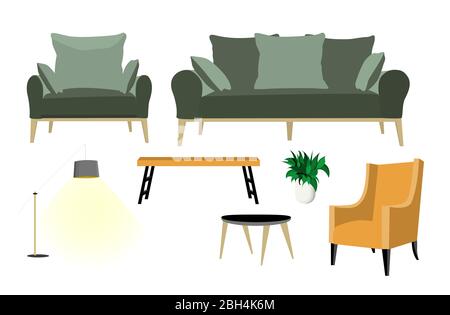 Un ensemble de meubles pour la chambre : canapé, fauteuil, table basse et lampe de plancher. Articles intérieurs. Grand jeu de meubles. Illustration vectorielle isolée Illustration de Vecteur