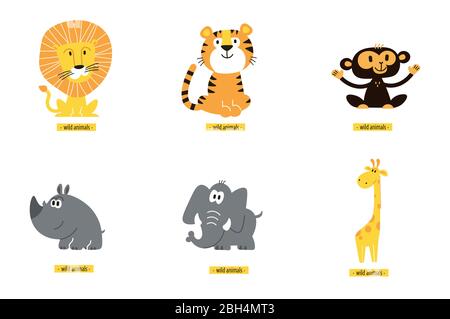 Jeu de vecteurs animaux. Singe de dessin animé, girafe, lion, hippo, éléphant, tigre. Illustration de Vecteur