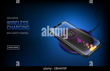 Batterie de chargement transparente réaliste pour smartphone sur le chargeur, concept de technologie de charge sans fil sur fond bleu foncé. Illustration de Vecteur