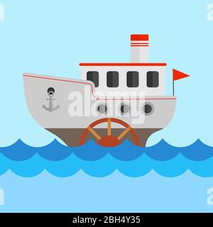 Dessin vectoriel pour enfants d'un bateau à vapeur. Le navire navigue sur la mer. Conception plate Illustration de Vecteur