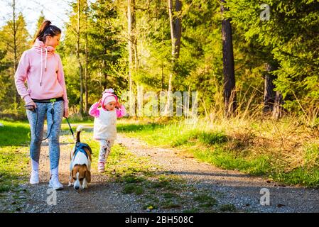 Jeune mère avec enfant et chien marchant ensemble sur le chemin du pays dans la forêt. Gai 2 ans en plein air. Banque D'Images