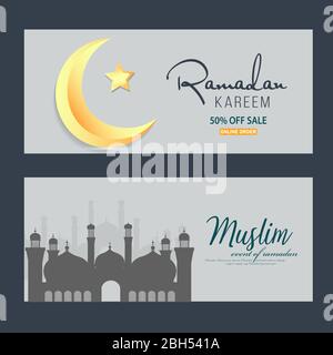 Ramadan Kareem ensemble de bannières ou affiches ou de dessins d'invitations. Étoiles et lune sur fond d'or. Illustration de Vecteur