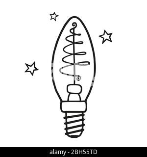 Motif noir d'ampoules brillantes et étoiles sur fond blanc. Spirale en forme d'arbre de Noël. Objet isolé. Style caniche pour bébé. Esquisse faite à la main Illustration de Vecteur