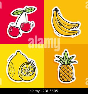 Autocollants de fruits dessinés à la main, dans le style doodle sur fond pâle.Fruits collection. Illustration de Vecteur