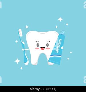 Joli émotiji à dents avec dentifrice, brosse à dents et paillettes. Illustration de Vecteur
