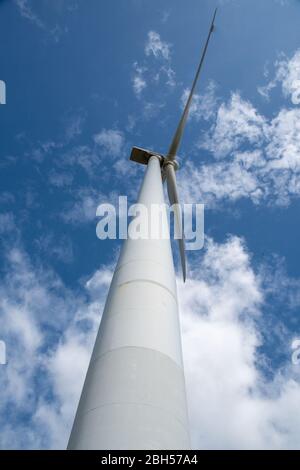 Portrait d'une énorme tour d'éolienne et de pales d'une éolienne de production d'électricité dans une ferme éolienne en nature étant conduit par le vent Banque D'Images