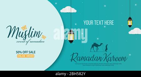 Ramadan Vente, en-tête ou bannière web, lanternes arabes Vente modèle de bannière, Illustration de Vecteur