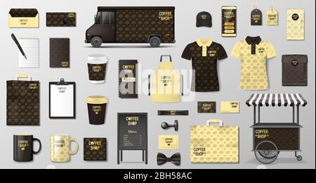 Ensemble de marquage pour café, café. Modèle d'identité d'entreprise de café réaliste. Camion alimentaire, uniforme, enveloppe, tasse, paquet de papier, maquette de menu Illustration de Vecteur