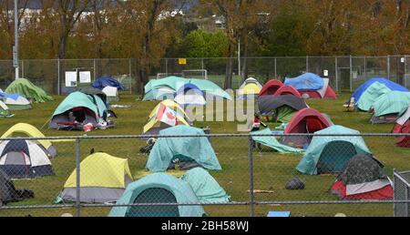 Les tentes sont espacées de six pieds dans une ville officielle de tente d'campement sans domicile à Topaz Park, à Victoria, en Colombie-Britannique, au Canada, le jeudi 23 avril Banque D'Images