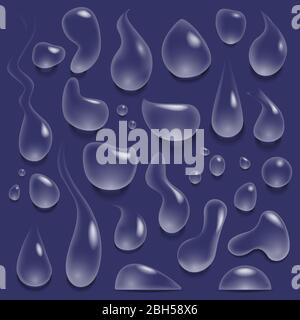 Gouttes d'eau. Chute réaliste de l'eau pure, gouttelettes de pluie et éclaboussures, gouttes d'oreille de différentes formes vecteur illustration jeu. Bleu-bleu transparent brillant Illustration de Vecteur