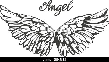 Angel Wings icône esquisse , texte calligraphique religieux symbole du christianisme dessiné à la main illustration vectorielle esquisse Illustration de Vecteur