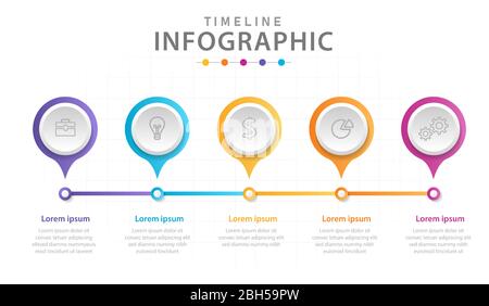 Modèle d'infographie pour les entreprises. Diagramme de chronologie moderne en 5 étapes avec cercles de ligne, infographie vectorielle de présentation. Illustration de Vecteur