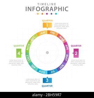 Modèle d'infographie pour les entreprises. Calendrier du diagramme de la chronologie moderne avec trimestres, infographie du vecteur de présentation. Illustration de Vecteur