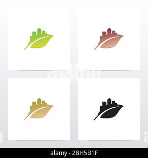 Silhouette Skyline City sur un logo Leaf Illustration de Vecteur