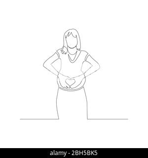 Une femme enceinte continue d'une ligne montre un signe de coeur avec ses mains sur son estomac. Illustration vectorielle. Illustration de Vecteur
