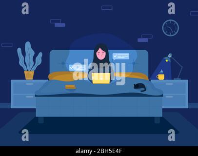 Femme indépendante. Une fille arabe dans le hijab avec un ordinateur portable allongé sur le lit. Illustration du concept pour travailler à domicile, à l'éducation, à un mode de vie sain. Vecteur Illustration de Vecteur