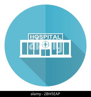 Icône vectorielle de conception plate ronde bleue du bâtiment hospitalier isolée sur fond blanc Illustration de Vecteur