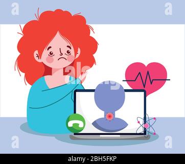 Femme avec un ordinateur portable de fatigue et mal de gorge conception de Covid 19 virus épidémie symptômes de maladie et thème médical illustration vectorielle Illustration de Vecteur