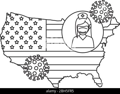 carte des etats-unis avec avatar infirmière et particules covid 19 Illustration de Vecteur