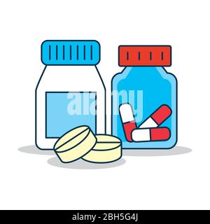 flacons et pilules de médicaments sur fond blanc, design coloré, illustration vectorielle Illustration de Vecteur