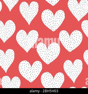 Motif sans couture, coeurs de gribouille blancs avec points noirs sur fond rouge. Motif coeur mignon dessiné à la main, illustrant la journée des Valentines. Utiliser pour Illustration de Vecteur
