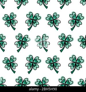 Feuilles de trèfle à quatre feuilles sur un motif vectoriel transparent blanc. Charmes mignons et dessinés à la main Illustration de Vecteur